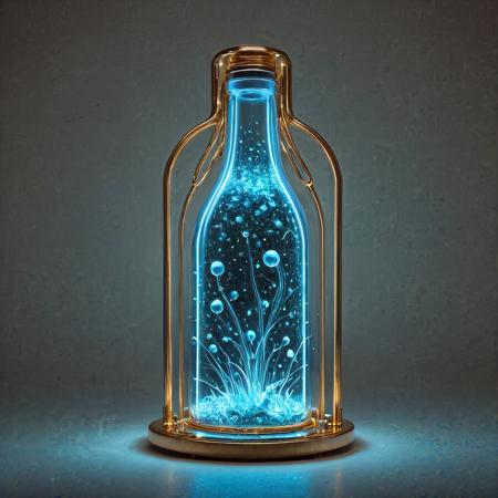 <lora:Fractangles_Flux:1.0000000000000002> <lora:Bioluminescent_World-000007:1.0000000000000002> <lora:Qu4ntumPunk_XL-SGX:1.0000000000000002>

A glowing glass bottle, sits on a brass vending tray, freshly dispensed from a humming steampunk machine. The bottle is sealed with a pressure-lock brass cap and reinforced with riveted metal bands. Inside, a swirling galaxy churns — nebula clouds, tiny glowing stars, and a central singularity pulsing with violet-blue light. The fluid around it flickers like dark matter syrup, refracting rainbow glints along the edges. Small warning glyphs circle the glass in embossed gold: "DO NOT SHAKE." Behind the bottle, steam coils upward from the vending slot, and the vending machine’s glowing interface flickers with unreadable astral runes. The brass countertop reflects the galactic light, while shadows stretch across scattered tools, blueprints, and ancient calibration dials. This is no drink — it’s a bottled universe.

galaxy in a bottle, qu4ntum, made out of fractangles, bottled universe, glowing cosmic drink, nebula inside glass, stars floating in liquid, swirling galaxy core, brass vending machine tray, embossed warning glyphs, steampunk beverage bottle, ornate pressure cap, cinematic glow, raytraced glass, dark matter fluid, cosmic alchemy, quantum energy glow, ambient fog, brass reflections, atmospheric haze, depth of field, glowing steampunk machine in background, HDR10, BT.2100-PQ, Dolby Vision tones, masterpiece, best quality, high detail, product close-up