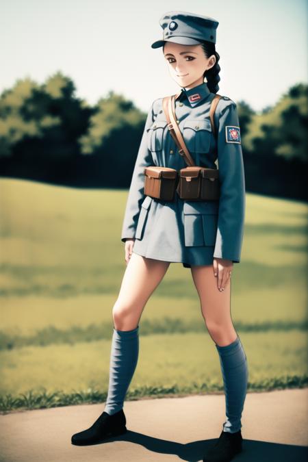 masterpiece, best quality, absurdres, high resolution, extremely detailed, 1girl, solo, <lora:NRAuniformv0:0.75>, leather belt pouch,  black long hair, single braid,  smile, battlefield,  outdoors, uniform, military_uniform, military, NRA1926, NRA cap, cap badge,light blue uniform,leg wrappings,leg_wrap, infantryman's puttee,black shoes,NRA soldier, large breasts,  narrow waist,  <lora:ooyari-style_v1.0:1>