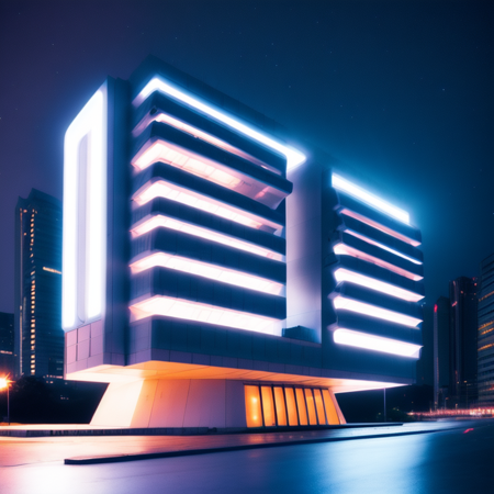 photo, futuristic building lit up at night in the city (ModernFutures style:1) <lora:djzModernFuturesV21:1>