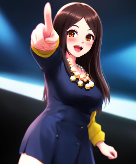 <lora:pixai minorin 2.5D any5 real:0.85>, minorin, chihara minori,  medium dark hair, swept parted bangs, 1 adult  woman,  brown eyes,   smile, pointing, open mouth, outstretched arm, solo, brown hair, :d, bangs, long hair,   blush, blue dress under open yellow jacket,  arm up, open clothes, long sleeves,  bead  necklace,intricately detailed, highres 4k, hdr, diffuse dynamic lighting, cinematic shading, rtx on , masterpiece, best quality, seiyuu, voice actor,