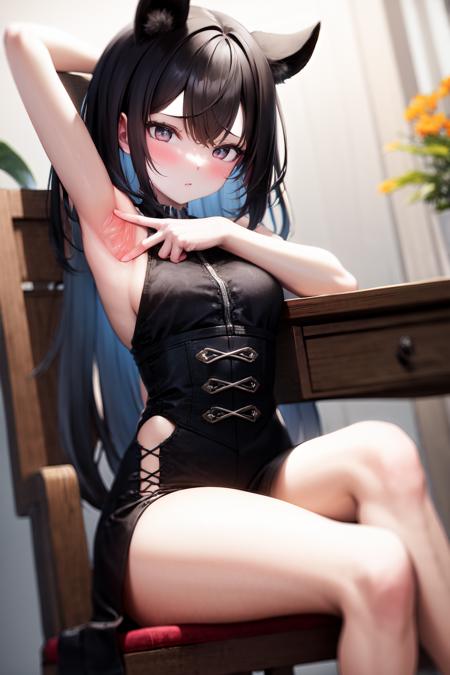 masterpiece, best quality, highres, 1girl, spread armpit <lora:spread_armpit_right:1> sitting on chair, crossed legs