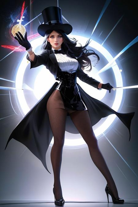 black_hair, long_hair, hat, fishnet_legwear, pantyhose, magician, white_gloves