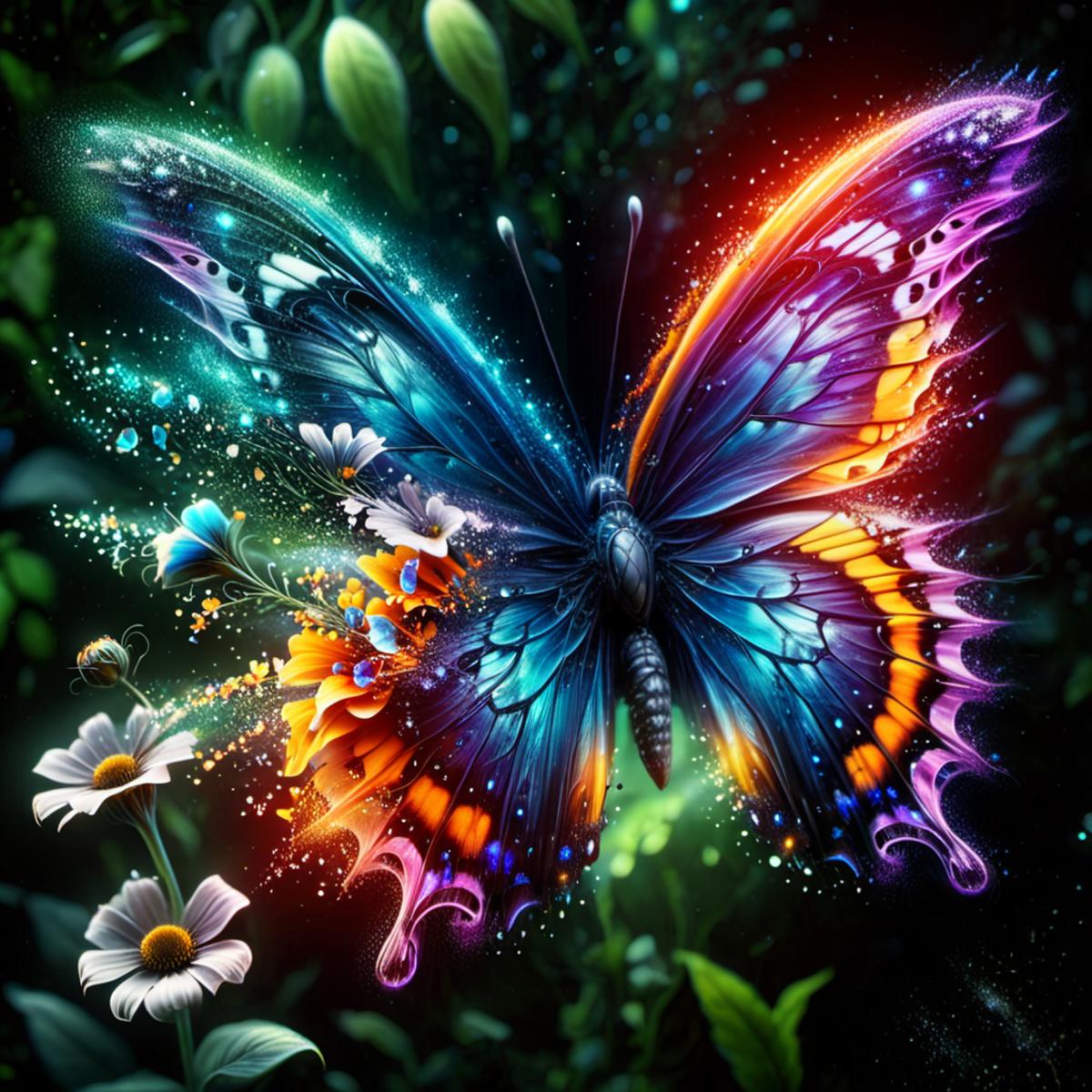 A colorful butterfly with a flower in its mouth, surrounded by a vibrant and lush garden.