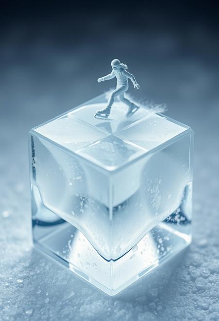 "Create a hyper-realistic image of an ice cube transformed into a miniature ice rink, with a smooth, frozen surface and delicate ice crystals. A miniature ice skater, intricately detailed and proportioned, glides across the top of the ice cube, their blades leaving tiny trails in the frosty surface. The ice cube's edges and facets are rendered in exquisite detail, with every imperfection and texture visible. The ice skater's movements are frozen in time, with their arms and legs in perfect balance. The overall effect is one of precise, miniature wonder." Highest-Quality, 8 k, intricate details, visually stunning, Masterpiece