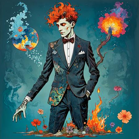 egon schiele and Aubrey Beardsley illustration of a fashionable android in a suit, emerging from an embryonic nebula of colorful iridescent liquid, a rising creature bathes in a cosmic flame, plants floating against a blue sky background, steampunk television set, cyberpunk psychedelia, decorated by mushroom and floral calligraphic Art Nouveau flourishes  <lora:TQ_-_Newspaper_Style:1>