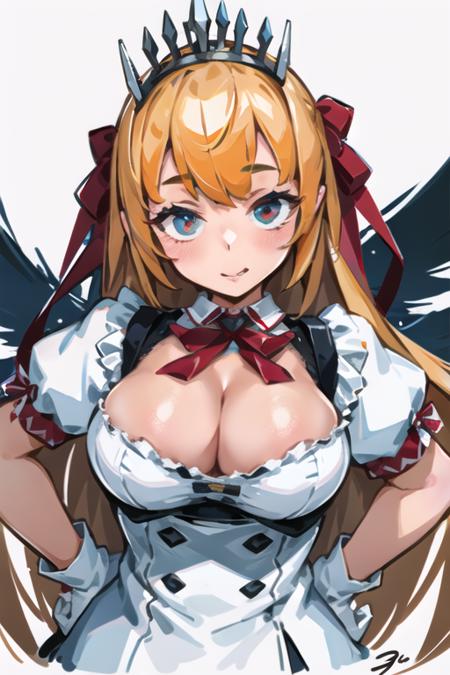 1girl, breasts, solo, orange hair, gloves, large breasts, blue eyes, tiara, ahoge, long hair, cleavage, white background, white gloves, simple background, looking at viewer, upper body, red ascot, ribbon, smile, red ribbon, hair ribbon, blush, short sleeves, signature, ascot, bangs, puffy short sleeves, puffy sleeves, closed mouth