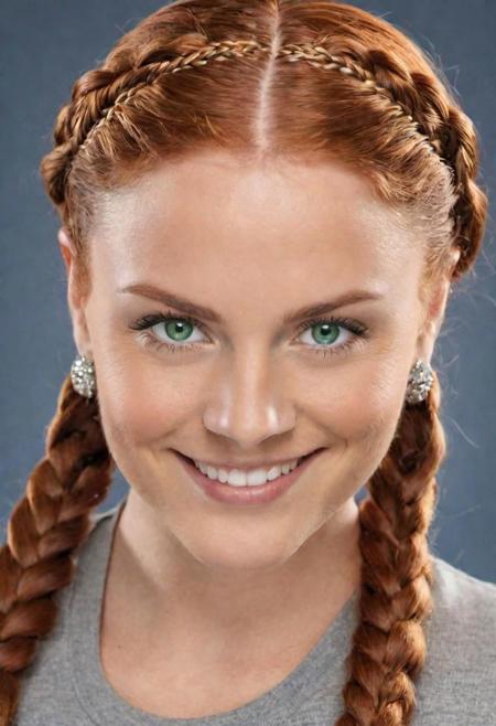 Capture a hyper-detailed photograph of a smiling person with auburn hair accented with silver tips, styled in braids. Feature heterochromia with one blue and one green eye, clear and striking. The skin should appear natural, complemented by light makeup to enhance the subject's features without overshadowing them. The lips, in their natural color, should convey a sense of authenticity, and light freckles should be visible across the nose and cheeks, adding character to the portrait.