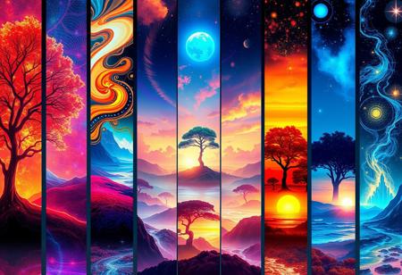 A digital cyberpunk art splash in the style of bo-cyborgsplash, a vibrant and mystical landscape depicted in a series of vertical banners, each featuring a different color palette, the first banner on the left shows a glowing tree with intricate patterns, the second banner features a swirling orange and red design, the third banner features an abstract landscape with a tree in the center, the fourth banner showcases a glowing blue planet in the sky, the fifth banner showcases an otherworldly landscape with distant mountains, the sixth panel showcases a distant landscape with trees and distant structures, the seventh panel showcases an ocean scene, the eighth panel features a mystical tree with vibrant colors, the ninth panel displays a stunning sunset landscape, the final panel features an ethereal landscape with glowing elements, the overall effect is a mesmerizing and captivating image that exudes a sense of otherworldly beauty<lora:boFLUX Cyborgsplash.safetensors:1.0:1.0>