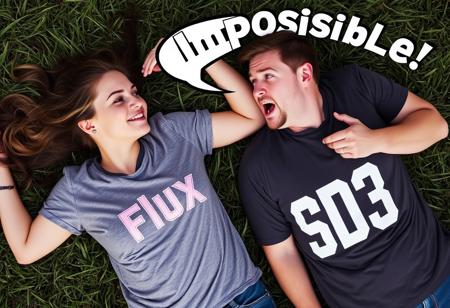 A woman with a t-shirt with the text "Flux" lying on the grass. A man with a t-shirt with the text "SD3" looking at her in disbelief yelling "Impossible!"