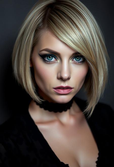 woman, blonde bobcut hair, parted half hair, green and blue eyes, eyeliner, gothic