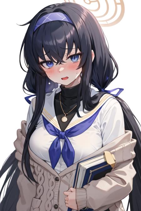 best quality, masterpiece, highres, solo, {ui_bluearchive:1.15}, long_hair, black_hair, bangs, hairband, halo, bags_under_eyes, blue_hairband, blue_eyes, hair_between_eyes, blush, jewelry, necklace, cardigan, very_long_hair, breasts, 1girl, blue_neckerchief, neckerchief, sailor_collar, school_uniform, serafuku, simple_background, upper_body, white_background, long_sleeves, looking_at_viewer, white_sailor_collar, low_twintails, twintails, black_undershirt, open_mouth, ribbon, sweat