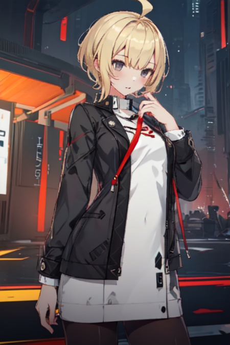 ShiLuHonkai, 1girl, solo, blonde hair, short hair, long sleeves, white dress, black jacket, ahoge, black pantyhose, open jacket, grey eyes, 