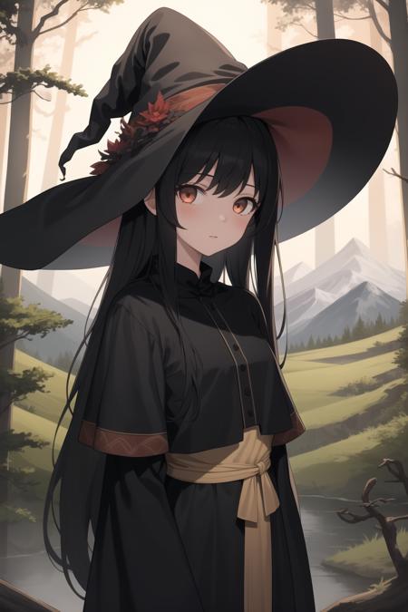 masterpiece,best quality,1girl,upper body,forest,witch,long dark dress,long hair,[mountains],hut