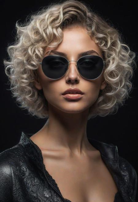 (best quality, 8K, high resolution, masterpiece), ultra detailed, (3D CGI), black sunglasses, trendy, fashionable, silver and black stylized gorgeous blonde Instagram model on a black background, short curly hair, countryside advertising, winning photo,