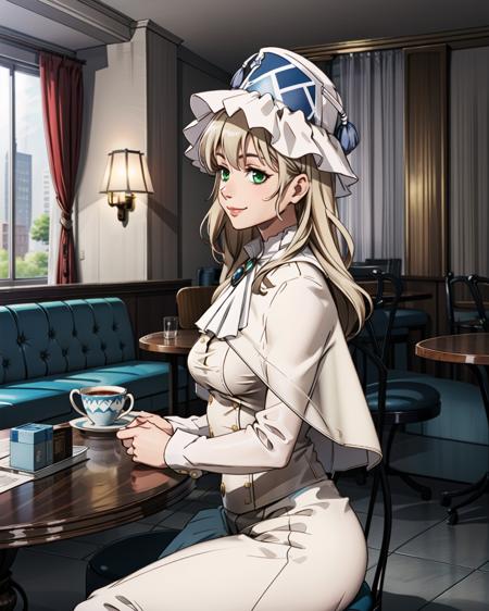 masterpiece, best quality, high quality, 2k, 4k, pmmmorikomagi, 1girl, green eyes, blonde hair, white dress with puffy skirt, long sleeves, decorative shield on skirt, high white hat with two tassels, ((shawl on shoulders)), (side view), indoors, cafe, chair, table, cup, cup in hand, sitting half-turned, light smile, cowboy shot, detailed eyes, colorful<lora:pmmmorikomagi-000016:0.8>