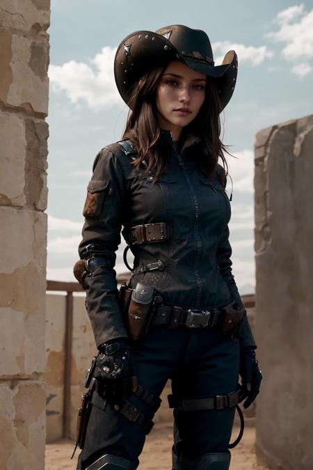 (cowboy-shot:1.5) The cowboy girl (opt-chylerleigh2000s<lora:opt-chylerleigh2000s:1>brown hair, brown eyes) possesses an air of rugged beauty that complements her futuristic attire. Her skin is lightly tanned, hinting at days spent under harsh suns and moons. Her eyes, a piercing shade of hazel, reflect both the determination and the weariness of a wanderer. Framed by thin, arched brows, they give her an intense, almost mysterious gaze. A faint scar runs across her left cheek, a testament to her battles in this unforgiving world.
Her lips are dusted with a touch of natural rose, slightly chapped from the harsh environment. Her square jawline adds to her stoic demeanor, leading to a strong, determined chin.
The cowboy girl's clothing is a blend of retro Western style and [futuristic] [cyberpunk] functionality. She wears a tailored, form-fitting duster coat made of high-tech, matte black fabric. The coat features built-in armor plating to shield her from the dangers of the urban wilderness.
Beneath the coat, she dons a sleek, form-fitting bodysuit with intricate circuitry patterns that softly glow in a pulsating blue hue. The bodysuit is equipped with integrated neural interfaces, allowing her to interface with her advanced weaponry and cybernetic enhancements effortlessly.
On her feet, she wears knee-high, worn-in leather boots with metal accents, designed to withstand long treks across the unforgiving terrain of this world. A utility belt with pouches for ammunition and survival gear cinches her waist.
A wide-brimmed hat, worn low over her hazel eyes, adds a touch of classic Western charm to her ensemble, casting her in the silhouette of an enigmatic gunslinger.
In this cyberpunk-futuristic world, the cowboy girl embodies the spirit of a lone adventurer, navigating the chaos and intrigue of the cityscape with her blend of Western grit and high-tech prowess.  <lora:epTactical1:0.5>