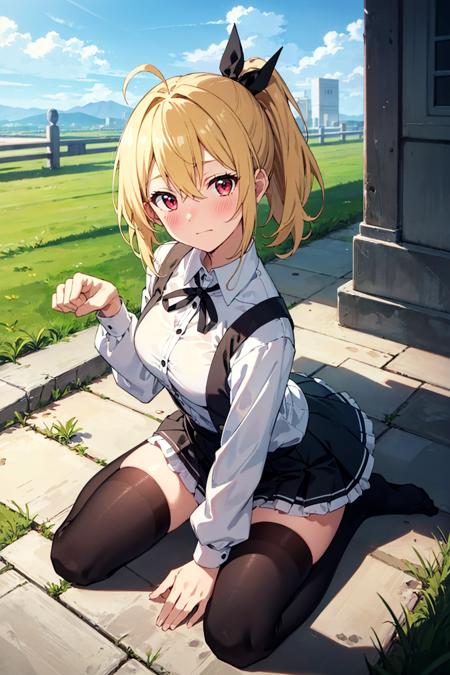 from above, outdoor, grass, day,
BREAK blonde hair, short hair, bangs, hair between eyes, ponytail, high ponytail, ahoge, red eyes, hair ribbon, medium breasts, BREAK yurigaoka girls academy school uniform, white shirt, cropped jacket, black jacket, long sleeves, juliet sleeves, black sleeves, black skirt, high-waist skirt, frilled skirt, buttons, neck ribbon, black ribbon, thighhighs, white thighhighs,  
from above, looking up, wariza, paw pose, hand between legs, looking at viewer, head tilt, 
blush, embarrassed, furrowed brow, 
BREAK (masterpiece:1.2), (beautiful detailed eyes:1.2), (perfect hands, perfect anatomy)