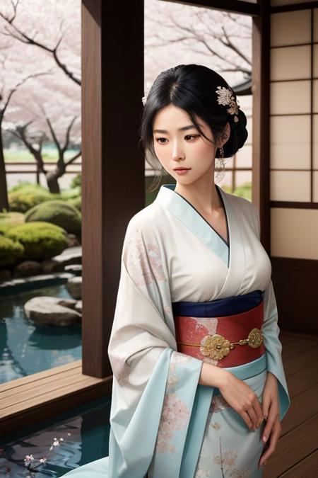 best quality, masterpiece, closeup, action shot,
Ethereal Edo Elegance: A classical Japanese beauty, the epitome of grace and nobility, her delicate features reflecting a soulful depth of longing. Clad in an exquisite, intricately patterned kimono that drapes and folds in a dance of tradition and timelessness, she gazes out from the veranda of an age-old wooden mansion, surrounded by a serene koi pond and the lush whispers of cherry blossoms. Her eyes, brimming with dreams and desires, speak silently of her fervent hope for her beloved husband's safe return from war. The serene yet poignant tableau is bathed in the soft, ethereal light of dawn, casting a glow that seems to bridge the gap between her hopes and the harsh realities of separation. This scene, a poignant fusion of beauty, duty, and love, is captured in a style that honors the rich textures and subtle elegance of classical Japanese art, bringing to life her noble soul and the depth of her longing in a deeply moving, timeless composition.
epiCRealism