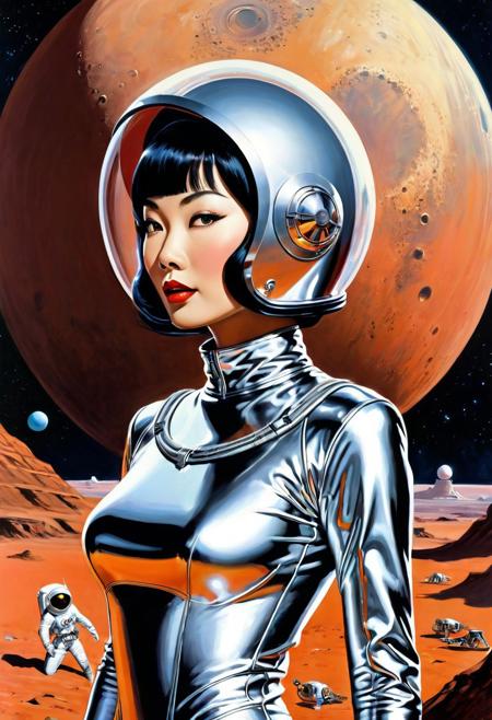 anna may wong short hair in silver retro sci-fi skin-tight spacesuit uniform diving suit, wearing a bubble helmet on her head, high heels, standing on  moon of mars Martian canals, a gorgeous space-woman, pinup pose, breathtaking space background, masterpiece, best quality, concept art by syd mead, a photographic poster of a space woman, many small details: many ultra-small details, very detailed ultra-small edges and microrelief, shiny skin