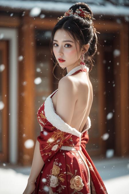 Warm Snow,1girl,solo,hair ornament,black hair,jewelry,earrings,looking at viewer,blurry,snow,snowing,red lips,chinese clothes,looking back,upper body,flower,blurry background,makeup,black eyes,lipstick,hair stick,realistic,floral print,lips,closed mouth,
best quality,masterpiece,illustration,an extremely delicate and beautiful,CG,unity,8k wallpaper,Amazing,finely detail,masterpiece,official art,extremely detailed CG unity 8k wallpaper,incredibly absurdres,huge filesize,ultra-detailed,highres,extremely detailed,beautiful detailed girl,realistic,<lora:Warm Snow:0.8>,