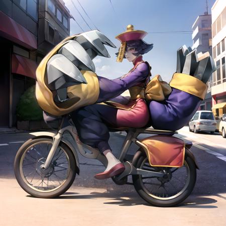 (masterpiece, best quality), photorealism, (claws:1.5), ofuda, hsien-ko riding a bicycle, busy street, city, cars, <lora:Hsien-Ko_v1-2:0.85>