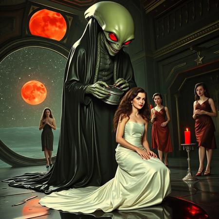 high-society elegant slender norvegian rich innocent young bride kneeling  from behind. She is ensnared by a towering  alien, draped in a long, glossy black slime cloak, its eyes gleaming red with an otherworldly intensity.   its slime covered hands fastens massive steel slave collar  on her. Surrounded by strict ladies wearing  glossy satin dominatrix attire and glossy high heels,  holding red candles.   weird wet-look black slime  walls and floor, colossus observation blister to outer space full of stars, bright red moon, vintage-inspired makeup, long hairs, ultra thin waist, evil grin, porcelain skin, lipstick, red nails, in the style of a haunting, retro-futuristic 1950s sci-fi nightmare, horror, alien space base,,