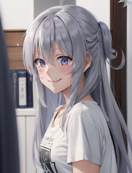 one girl, grey long hair, blue eyes, blush, smile, from side, (t-shirt:1.5), best quality, high resolution, (facing viewer:1.6), (anime:1.2), elaina \(majo no tabitabi\), <lora:Elaina_v5_e10_768:0.9>,