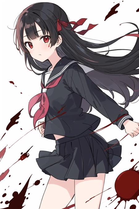 1girl, solo, long hair, school uniform, skirt, looking at viewer, bangs, black skirt, string of fate, bow, serafuku, blood, sailor collar, long sleeves, hair bow, shirt, black hair, blood on face, from side, ribbon, blunt bangs, string, closed mouth, black sailor collar, pink eyes, red ribbon, red eyes, black bow, cowboy shot, standing