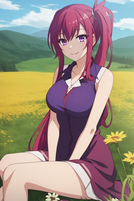 sera, 1girl, solo, long_hair, breasts, smile, medium_breasts, purple_eyes, red_hair, sleeveless, side_ponytail, summer_dress, flower_field, outdoor, sitting_on_ground, white_dress