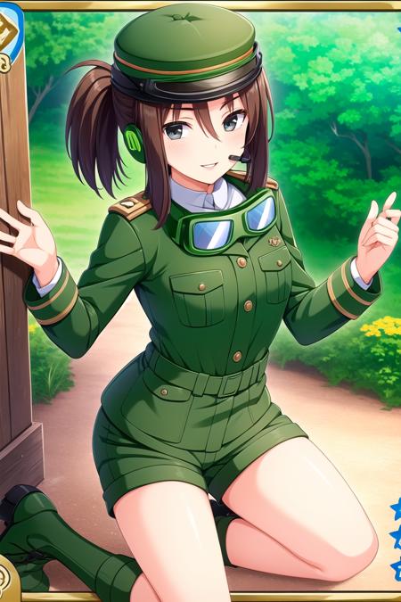 (masterpiece, best quality), highly detailed background, perfect lightingbest quality, iwamototatsuru, solo, outdoors, military, military hat, headset, brown hair, long hair, ponytail, side ponytail, grey eyes, goggles, goggles around neck, <lora:GoodHands-vanilla:1>, green shorts, military uniform, boot, smile, closed mouth, parted lips, pink lips, <lora:Iwamoto-Tatsuru:0.7>