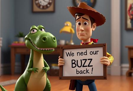 Toy Story characters Rex standing next to Crying and sad Woody holding sign with text "We need our BUZZ back", blurry room background, pixar style