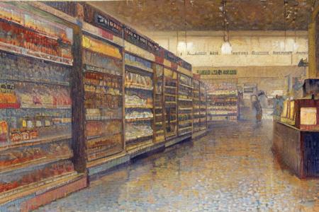 masterpiece,best quality,pointillism,supermarket,post-apocalyptic scene,<lora:pointillismv6-000028:1>