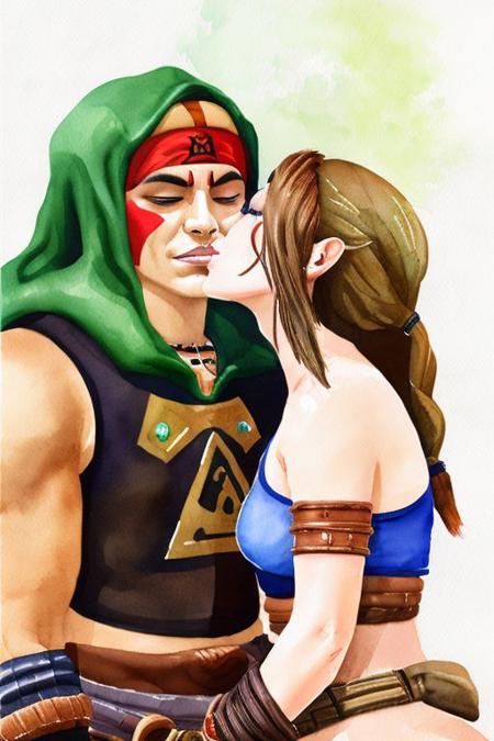 (gerudo 1girl:1.1) tribe woman kissing (ganondorf 1boy:1.1) on the cheek kissingcheek hetero <lora:wcolors-step00001600:0.9> watercolor painting <lora:kissingcheek:1>