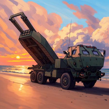 a drawing of a HIMARS on a beach a sunset with launcher pointed upwards, romantic <lora:himars16-v1-step125:1>