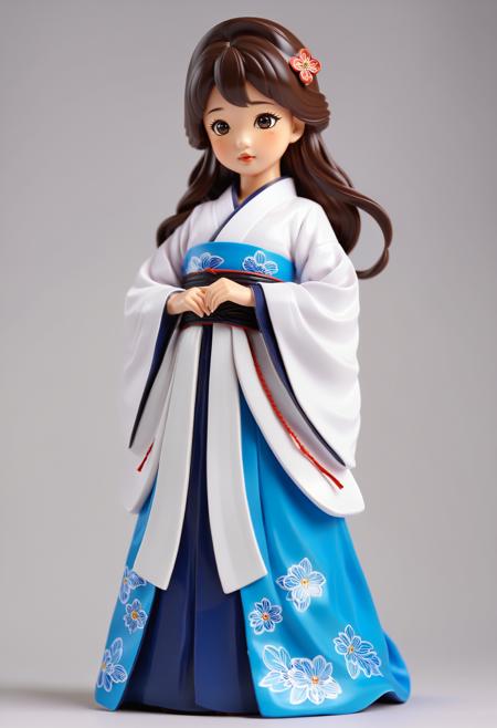 1girl, (asian:1.25) girl, figurine, anime style, dark brown hair, detailed hair, volume hair, radiant eyes, realistic, pretty face, detailed lips, glossy skin, simple background,  highly detailed traditional hanbok, playful pose,