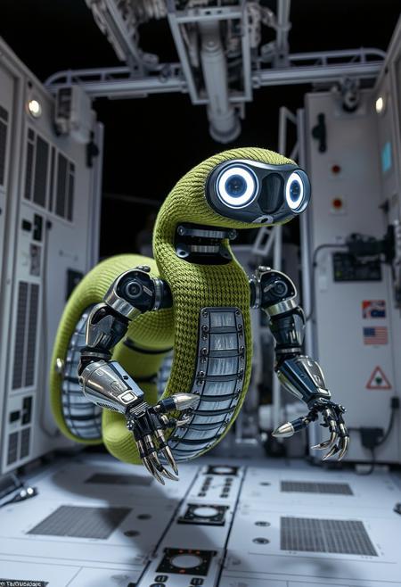 snake-like robot with a big glowing eyes on sides made of artificial big transparent muscles moves around the ISS. The robot is dressed in green knitted clothes