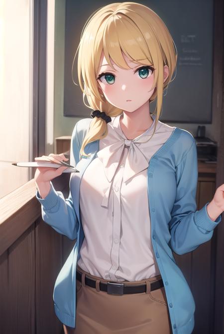 ellenbaker, <lyco:ellenbaker-lyco-nochekaiser:1>,
ellen baker, blonde hair, (green eyes:1.5), long hair, ponytail, scrunchie,
BREAK shirt, white shirt, collared shirt, cardigan, blue cardigan, belt, skirt, brown skirt, pencil skirt,
BREAK indoors, classroom,
BREAK looking at viewer, (cowboy shot:1.5),
BREAK <lyco:GoodHands-beta2:1>, (masterpiece:1.2), best quality, high resolution, unity 8k wallpaper, (illustration:0.8), (beautiful detailed eyes:1.6), extremely detailed face, perfect lighting, extremely detailed CG, (perfect hands, perfect anatomy),