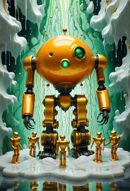 Liquid Marble, In a surreal and fantastical world, a group of robots gather around a giant gold-shaped object. The figure is Golded in the vibrant orange hue of his neon green Gold and white shirt, and his Gold is Iced from it, adding to his dreamlike quality. Raining, by Stasia Burrington, Kees van Dongen and John Holcroft, Regret, bokeh, Kodak portr400, F/14, Instax