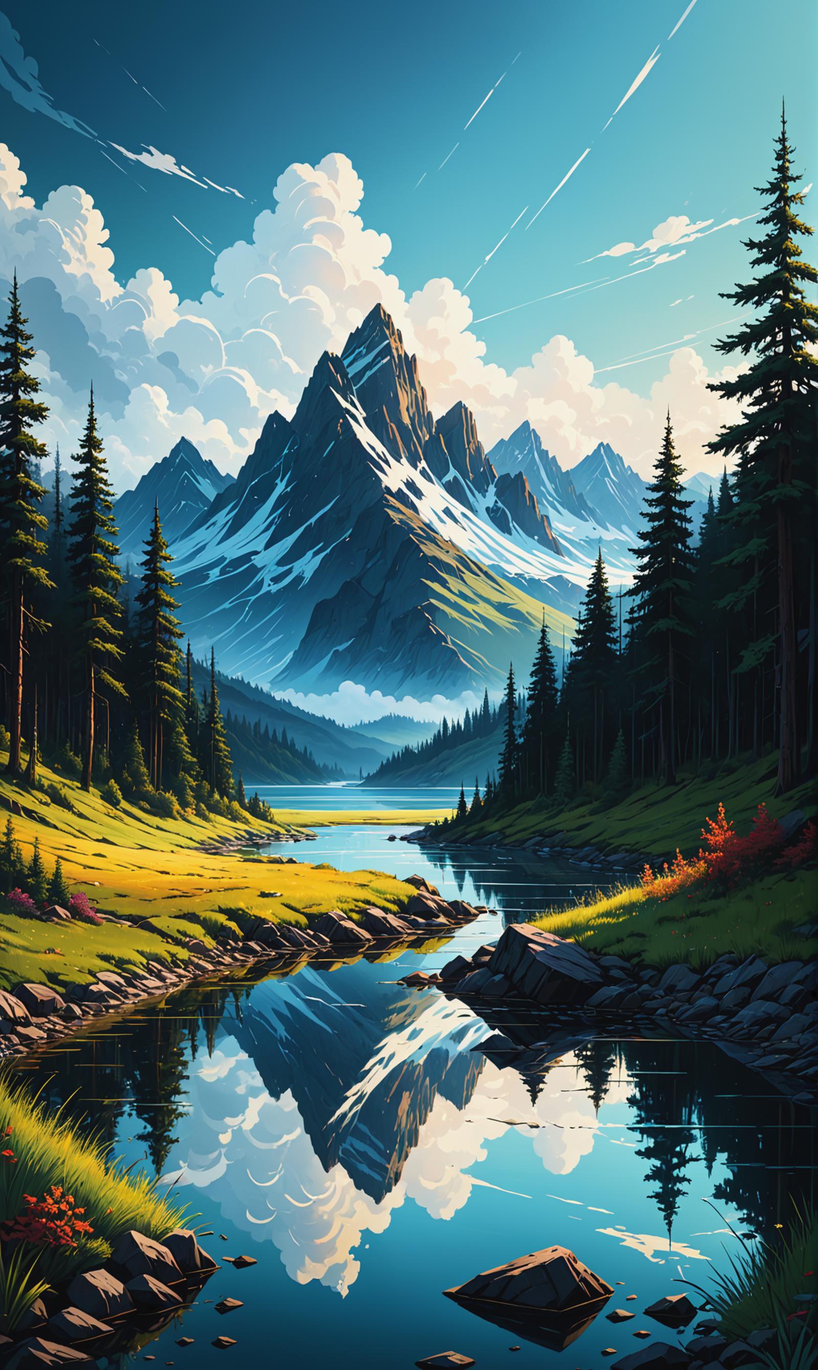 A serene mountain landscape with a lake and lush trees.