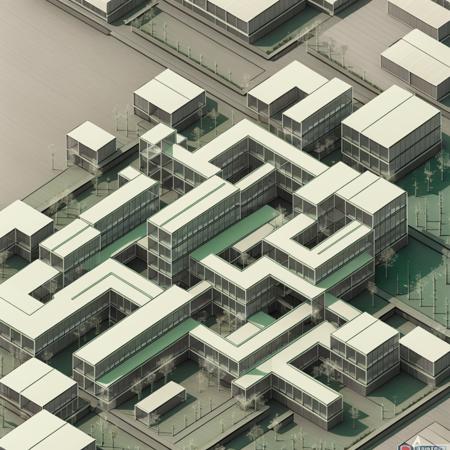 <lora:collageT:0.8>ggbond collage, bird view, modern architecture, composite green buildings, green modular units, white trees, complex of green buildings and structures, a taller green tower, fence, white figures people, crowd, sidewalk