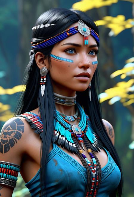 High resolution ultra-realistic of Mysterious beautiful native American with black hair, utra-realistic body, 8k, fantasy style, bright forest, colorful ruins, cinematic lighting, bright colors, sharp focus, dramatic atmosphere, Realistic beautiful blue eyes, female native American, Intricately Designed body covered in traditional outfit, beautiful, Silent Stance, CGSociety, slim body, perfect skinny figure, beautiful perfect detailed pupils, ultra quality, Cinematic Lighting, defiant, 8K, full body, full-figured, full frame, tribal tattoos, dressed, clothed