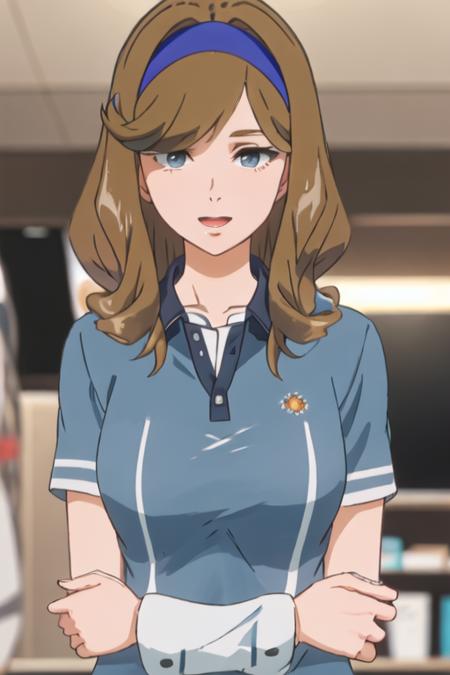 best quality, masterpiece, highres, solo, {himekawa_mizuho_birdiewinggolfgirlsstory:1.15}, brown_hair, long_hair, hairband, blurry, closed_mouth, blue_eyes, 1girl, blue_shirt, collared_shirt, open_mouth, shirt, blurry_background, breasts, medium_breasts, short_sleeves, outdoors, polo_shirt, upper_body, bangs, blue_hairband, day, sportswear