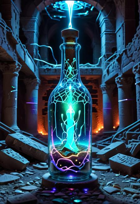 In a sleek, neon-lit city of the future, a mysterious bottle made of shifting, iridescent glass is discovered in the ruins of an ancient lab. The bottle emits a soft hum, its liquid contents swirling like a galaxy. When opened, the bottle doesn’t release a liquid but a holographic genie made of pure light, offering the finder three wishes. However, with each wish granted, the bottle begins to crack, leaking fragments of time that alter the world around it in unpredictable ways.