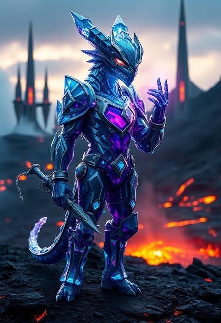 A highly detailed, intelligent portrait of a Krython, a crystalline species from volcanic realms. Standing upright with two hands, two feet, and a tail, the Krython wears ornate fantasy armor, holding an intricately designed weapon that hints at its advanced culture. Its body, made of multifaceted translucent crystals, refracts vibrant colors ranging from deep blues to shimmering purples. Its sharp, sleek limbs and angular features highlight both its intelligence and otherworldly elegance. Glowing eyes radiate internal energy, reflecting its emotions and keen awareness.
In the background, futuristic architectural spires of sci-fi design emerge from the volcanic terrain, crafted from crystal and metal, harmonizing with the surrounding geothermal environment. These towering structures pulse with energy, symbolizing the Krython’s sophisticated civilization.
The volcanic landscape, with molten lava and rising steam, glows in the eerie light of geothermal vents. The Krython stands confidently, manipulating energy waves with one raised hand, demonstrating its ability to communicate through harmonic vibrations. Cinematic lighting enhances the crystal textures and the vivid colors of the surroundings, emphasizing the majesty, power, and intelligence of the Krythons, guardians of their volcanic realm. (Ultra-realistic, 32k, Masterpiece, High Quality, Detailed Realistic Background, Official Art, Realistic Lighting, sci-fi).