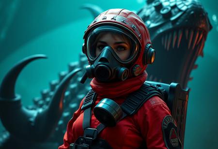 "Create a hyper-realistic, orthographic front view of a bimbo-style woman wearing a red flexiseal space suit and a gas mask, with intricate clothing textures and details. The suit should have elements inspired by Subnautica's design. The background features a menacing sea creature from the game. Produce a high-definition, 8K render using Unreal Engine or a similar program, aiming for a cinematic, sci-fi movie feel. Symmetry, global illumination, and depth field should be utilized to enhance the overall grimdark atmosphere."