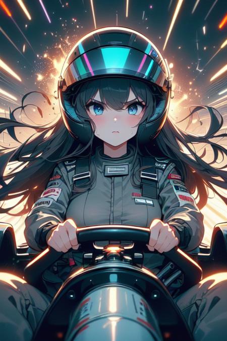 driving a formula racing fingers on steering wheel sitting on cockpit sharp eyes helmet uniform speed lines electric current spiral wind  neon lights dust spark shards