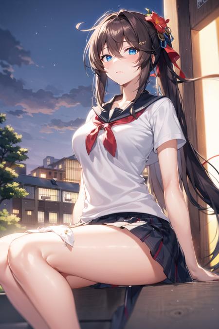 masterpiece, best quality, ultra-detailed, illustration, warm lighting, bright colors, 1girl,solo, long hair, very long hair, chifuyu,

brown hair, blue eyes, pony tail, hair ornament, hair_flower, 

school uniform, sitting, outdoors, t-shirt, casual wear,

 <lora:chifuyu:0.7>