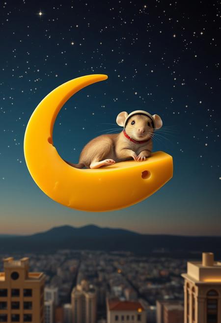 The image depicts a mouse wearing a helmet reclining on a crescent-shaped piece of cheese, which floats serenely in a night sky speckled with stars. The cheese moon is positioned above a cityscape, adding a touch of surrealism.
Style:
The style is a blend of surrealism and food photography. The image maintains the dreamlike quality of the original, but with a playful twist. The cheese adds a tactile element, inviting the viewer to imagine the texture and aroma.
Color Scheme:
The color palette is warm and inviting, with shades of golden yellow, creamy white, and deep brown. The cheese would have a rich, buttery hue, contrasting beautifully with the deep blue of the night sky. The stars would retain their soft white glow.
Details:
The cheese moon would have a slightly uneven surface, with subtle cracks and crevices.
The mouse skin would have a warm, golden tone, complementing the color of the cheese.
The cityscape would recede into the background, creating a sense of depth and perspective.
Tones and Palette:
The overall tone of the image would be one of warmth and comfort. The cheese, with its rich colors and inviting texture, would evoke a sense of indulgence and pleasure. The night sky, with its twinkling stars, adds a touch of magic and wonder.