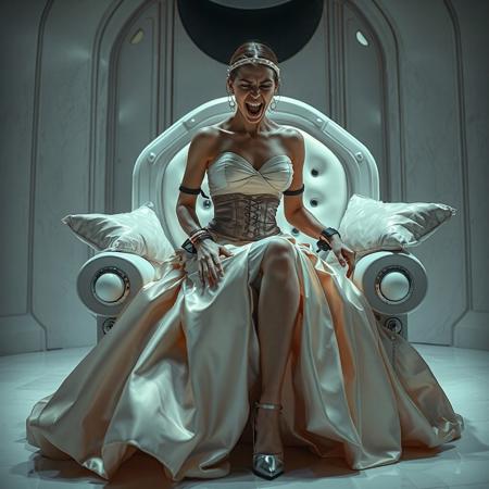 A slender, arrogant bride, dressed in a luxurious, rich fantasy satin wedding gown with a fitted, boned corset and a full, flared skirt, paired with satin high heels, struggles to break free from her restraints, her face contorted in a scream of desperation. The brainwashing headband, is secured to her temples, connected to a vintage CDC6000 supercomputer looming in the shadows. Her hands and ankles are bound to a biomechanical white chair, adorned with wet-look glossy pearl pillows, by massive steel restraints, accentuating her ultra-thin waist. The scene is set in a sterile, empty chamber, with a glossy mother-of-pearl finish, evoking a sense of futuristic dread. Inspired by the cinematic styles of Ridley Scott, Guillermo del Toro, and H.R. Giger, with a blend of sci-fi and horror elements, this full-body portrait is a masterpiece of cinematic storytelling, shot on a virtual v-raptor XL camera, with a warm, film-grained aesthetic, subtle vignette, and rich color grading, reminiscent of 35mm film, with dramatic, atmospheric lighting, inviting the viewer to immerse themselves in this epic, stunning scene.