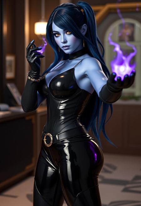 A photo of a beautiful tall, powerful dominatrix wearing latex outfit widowmaker from overwatch, blue skin, the girl has light blue slightly violet skin color, long dark blue hair, bedroom eyes, large breasts, yellow eyes, very tight latex, , perfect slim body, very thin waist, small waist, wide hips, narrow shoulders, flirting, sexy pose, latex gloves, latex thigh high stockings, shiny latex, glossy latex, black latex, layered latex, revealing latex, showing hips, tall dominatrix, looking down at viewer, hand outstretched firing purple energy